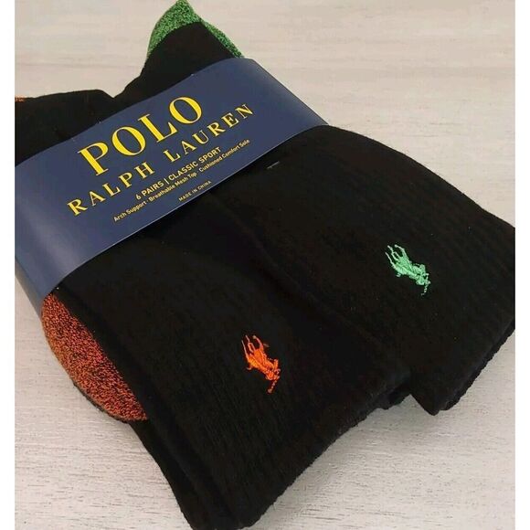 Ralph Lauren Mens Classic Sport Cushioned Crew Socks Black Multicolored Sz 10-13 - Picture 4 of 5